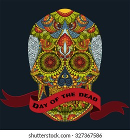 Day Of The Dead. Hand Drawn Skull ornamented vector flowers on dark