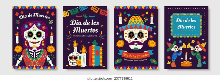 Day of the dead hand drawn style greeting card set isolated on white background.