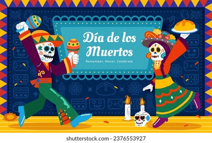 Day of the dead hand drawn texture card. Skeletons on festive background with doodles and vibrant frame.