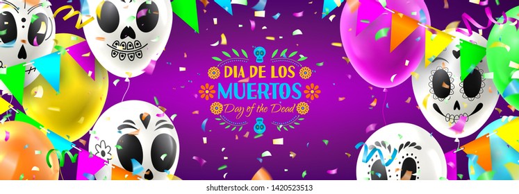 Day of the Dead holiday banner. Colorful background with realistic flying white and colour air balloons. Vector illustration with color garlands and confetti.