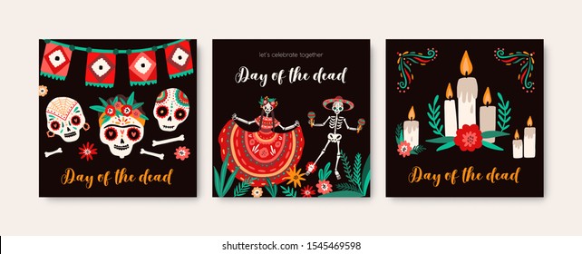 Day of dead holiday cards templates set. Decorated sugar skulls color drawing. Dancing cartoon human skeletons in national costumes. Traditional festive postcards collection. Mexican carnival.