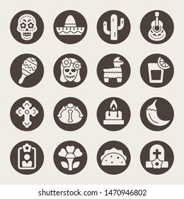 Day Of The Dead Holiday Celebration Vector Icon Set