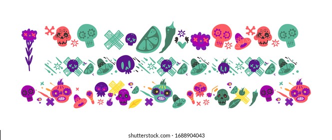 Day of the dead holiday decoration set - colorful repeated line pattern of painted skills, sombrero hats, flowers and other Mexico decor elements, isolated vector illustration