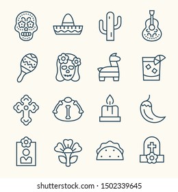 Day of the Dead holiday line vector icon set