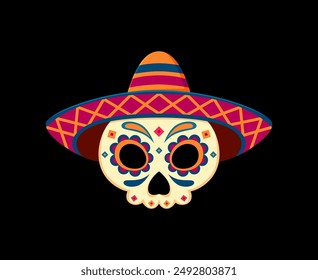 Day of the Dead holiday Mexican calavera skull in sombrero. Halloween Mexican death face icon, Mexico Dia de los Muertos celebration skull or Hispanic culture skeleton head vector symbol or tattoo