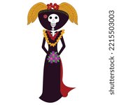 Day of the Dead holiday in Mexico. Girl Katrina Calavera in Mexican costume. Vector illustration isolated on white background.