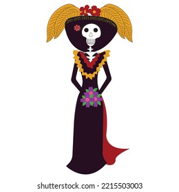 Day of the Dead holiday in Mexico. Girl Katrina Calavera in Mexican costume. Vector illustration isolated on white background.