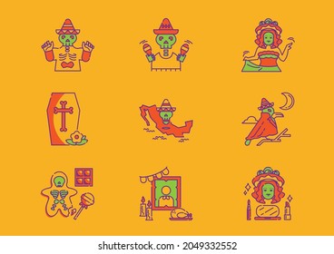 day of dead holiday mexico icons with Mexico map,skull costume,woman dancing and frame decoration 