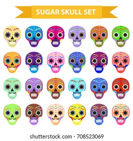 Day of the dead holiday in mexico icons set with sugar skulls. Flat style. Skeleton collection. Dia de Muertos concept. Vector illustration