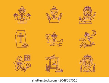 day of dead holiday mexico line icons with Mexico map,skull costume,woman dancing and frame decoration 