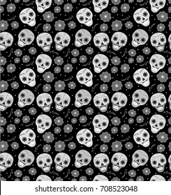 Day of the dead holiday in Mexico seamless pattern with sugar skulls. Skeleton endless background. Dia de Muertos repeating texture. Vector illustration