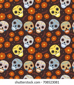 Day of the dead holiday in Mexico seamless pattern with sugar skulls. Skeleton endless background. Dia de Muertos repeating texture. Vector illustration