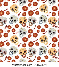 Day of the dead holiday in Mexico seamless pattern with sugar skulls. Skeleton endless background. Dia de Muertos repeating texture. Vector illustration