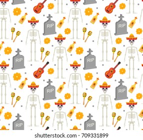 Day of the dead holiday in Mexico seamless pattern with sugar skulls. Skeleton endless background. Dia de Muertos repeating texture. Vector illustration