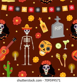 Day of the dead holiday in Mexico seamless pattern with sugar skulls. Skeleton endless background. Dia de Muertos repeating texture. Vector illustration
