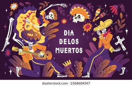 Day of the Dead holiday. Poster concept for celebrating the Mexican Dia de los muertos. The inscription is in Spanish. Dancing skeletons, musicians in traditional  costumes. Vector illustration.