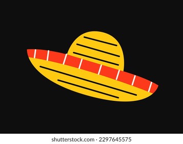 Day of Dead holiday symbol. Colorful sticker with traditional mexican sombrero hat. Dia de los Muertos Festival in Latin America. Cartoon flat vector illustration isolated on black background