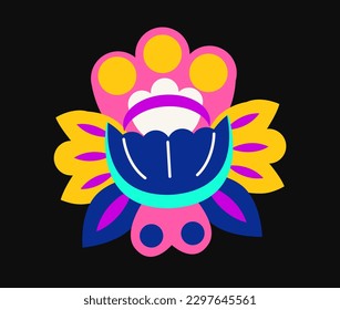 Day of Dead holiday symbol. Dia de los Muertos sticker. Colorful icon with beautiful mexican plant or marigold flower. Cartoon flat vector illustration isolated on black background