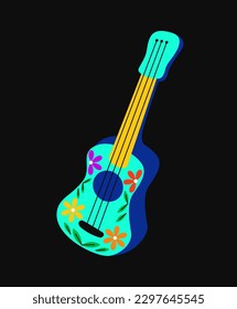 Day of Dead holiday symbol. Icon or sticker with guitar or ukulele with floral print. Musical instrument for Mexican Halloween. Cartoon flat vector illustration isolated on black background