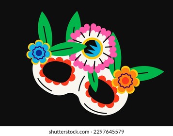 Day of Dead holiday symbol. Icon with sugar skull and marigold flowers. Traditional element of Mexican Halloween or Dia de los Muertos. Cartoon flat vector illustration isolated on black background