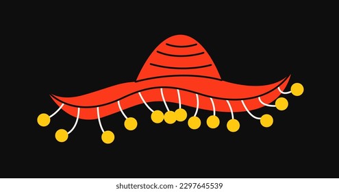 Day of Dead holiday symbol. Sticker with red striped sombrero or panama hat. Traditional element of Mexican festival Dia de los Muertos. Cartoon flat vector illustration isolated on black background