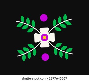 Day of Dead holiday symbol. Sticker or icon with blooming flower and green leaf. Decorations for Mexican Halloween or Dia de los Muertos. Cartoon flat vector illustration isolated on black background