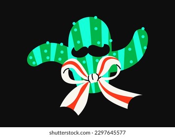 Day of Dead holiday symbol. Sticker with traditional Mexican symbol of Dia de los Muertos festival. Icon with green cactus and mustache. Cartoon flat vector illustration isolated on black background