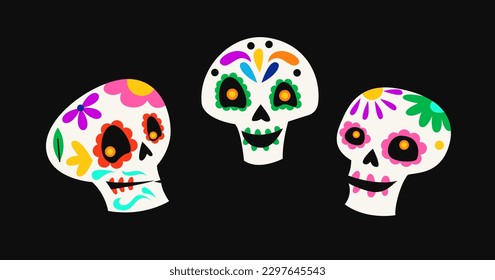 Day of Dead holiday. Traditional sugar skulls for Mexican festival Dia de los Muertos. Stickers with bones for Latin American Halloween. Cartoon flat vector illustration isolated on black background