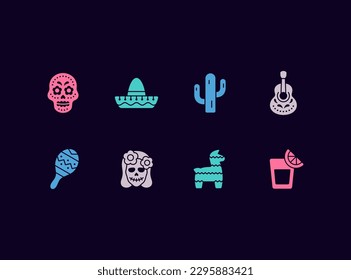 Juego de iconos de vectores Día de la festividad muerta. ¿De los Muertos los íconos de la celebración tradicional mexicana?