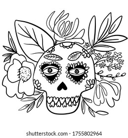 Day of the Dead, human skull in flowers Black mexican sugar skull calavera day of the dead Dia de los Muertos vector illustration. For cards, posters, decor, t shirt design, logo.