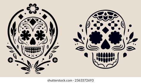 Day of the dead icon black and white. Dia de los muertos skulls icon ultradetailed. Different styles and minimalistic drawing. Image from mexican latinos traditional festivity Mask mexican logo vector