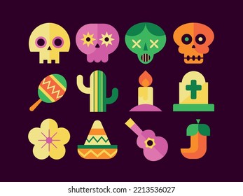 Day of the dead icon set. Collection of flat vector illustrations with skulls, maracas, cactus, candle, tombstone, flower, sombrero, guitar, chili pepper. Dia de los muertos icons.