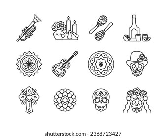 Day of the Dead icon set. A collection of mexican linear illustrations - sugar skull, skeleton, musical instruments, tequila, bread, marigold, candle. Dia de los Muertos celebration. Editable stroke