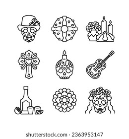 Day of the Dead icon set - sugar skull, cross, tequila, mexican bread, marigolds, candles, guitar. Line icons for party celebration, card invitation, banner. Editable stroke, linear illustration