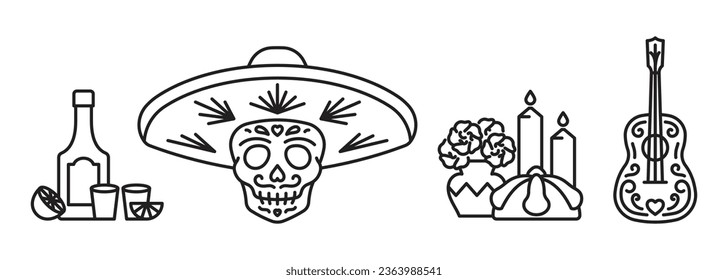 Day of the Dead icon set - tequila, sombrero, sugar skull, flowers, bread, guitar, candles, guitar. Line icons for party celebration, card invitation, banner. Editable stroke, linear illustration