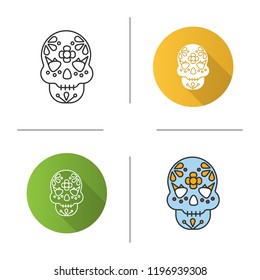 Day of the Dead icon. Skull with floral ornament. October 31st. Dia de Muertos. Flat design, linear and color styles. Isolated vector illustrations