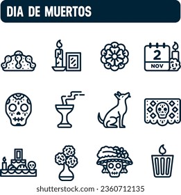 Day of the dead icons. Mexican tradition vector set, November 1 and 2. Outline icon design.