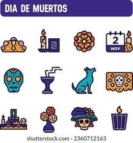 Día de los íconos muertos. Conjunto de vectores de tradición mexicana, 1 y 2 de noviembre. Diseño de iconos de color.