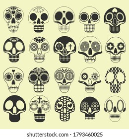 Day of the Dead icons set, Mexico. Flat black and white transparent silhouettes of human skulls, decorated with ornaments.