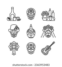 Day of the Dead icons - sugar skulls, female and male skeleton, cross, tequila, bread, marigolds, guitar. Dia de Muertos concept. Line icons about celebration. Editable stroke, linear illustration