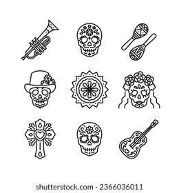 Day of the Dead icons - sugar skulls, skeletons, trumpet,guitar, maracas, round mexican decoration. Dia de los Muertos celebration. A collection of holiday icons. Editable stroke, linear illustration