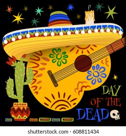 Day of the dead illustration. Design for Mexican holiday. Vector template with traditional Mexican symbols. Mexican party