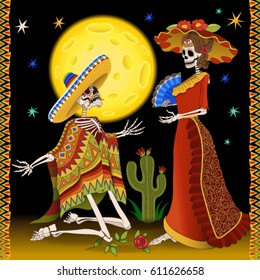 Day of the dead illustration. A man and a woman. Mexican Festive Card. Mexican party. Day of the Dead. Mexican skeleton