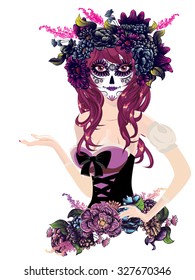 Day of the Dead illustration with sugar skull girl in decorative flower wreath.