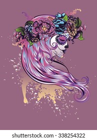 Day of the Dead illustration with sugar skull girl in decorative flower wreath.