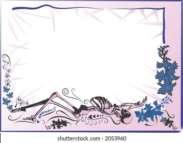 Day of the Dead is an image of a Skeleton lying down with Orchids.