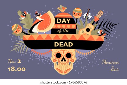 Day of the Dead invitation banner with decorated skull, hat, dancer in traditional mexican dress and musical instruments. Dia de los muertos party. Illustration in flat style