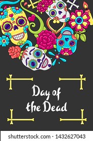 Day of the Dead invitation card. Sugar skulls with floral ornament. Mexican talavera ceramic tile traditional decorative objects.