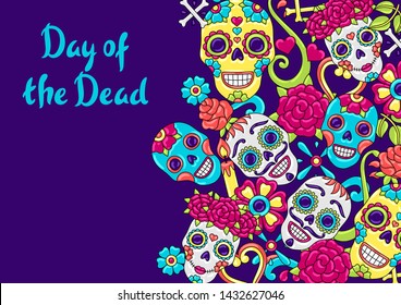 Day of the Dead invitation card. Sugar skulls with floral ornament. Mexican talavera ceramic tile traditional decorative objects.