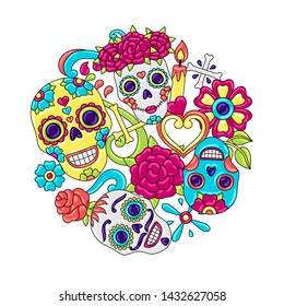 Day of the Dead invitation card. Sugar skulls with floral ornament. Mexican talavera ceramic tile traditional decorative objects.